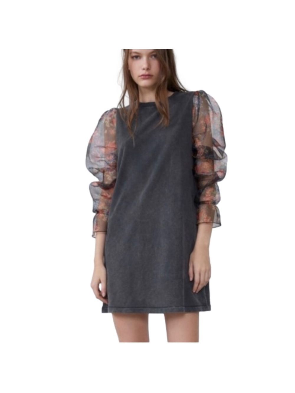 Zara Grey Dress Floral Sheer Sleeves Small